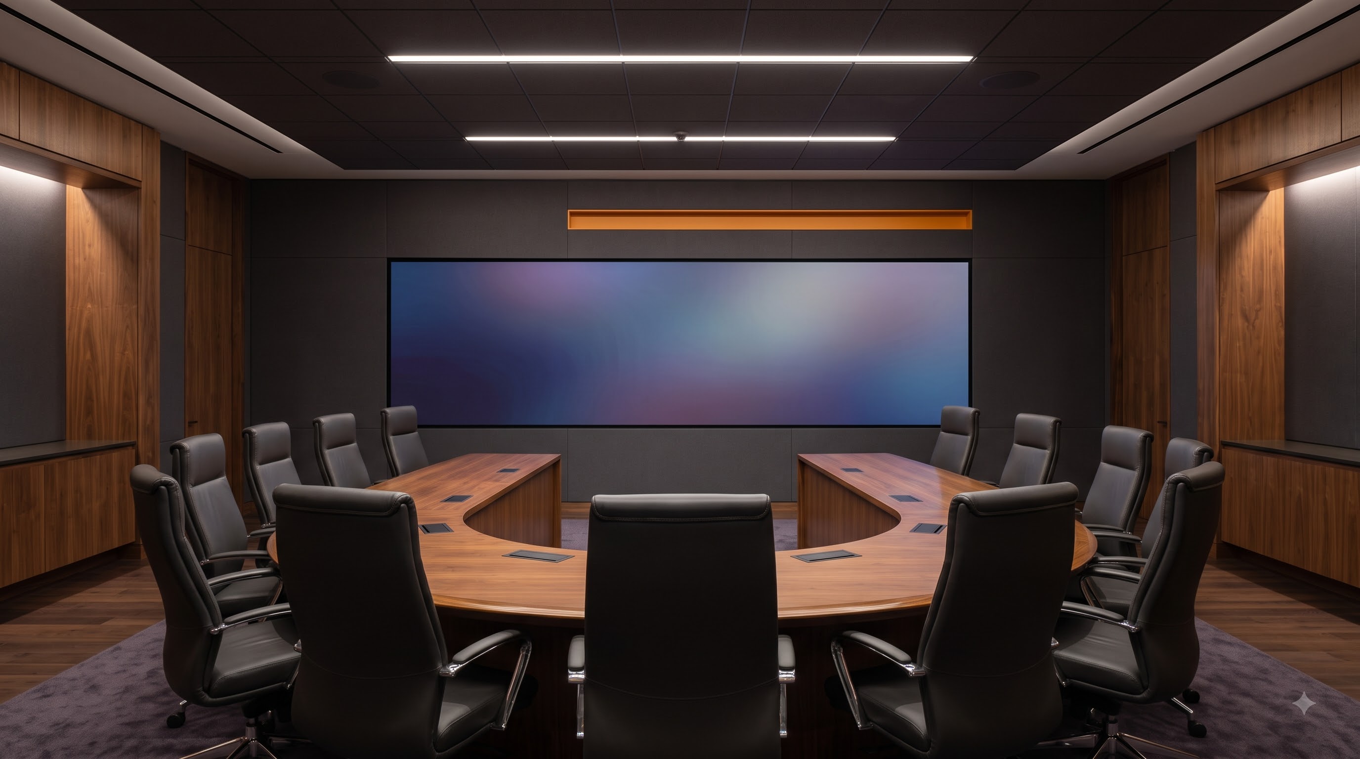 Executive briefing centre with architectural LED video wall and premium presentation environment