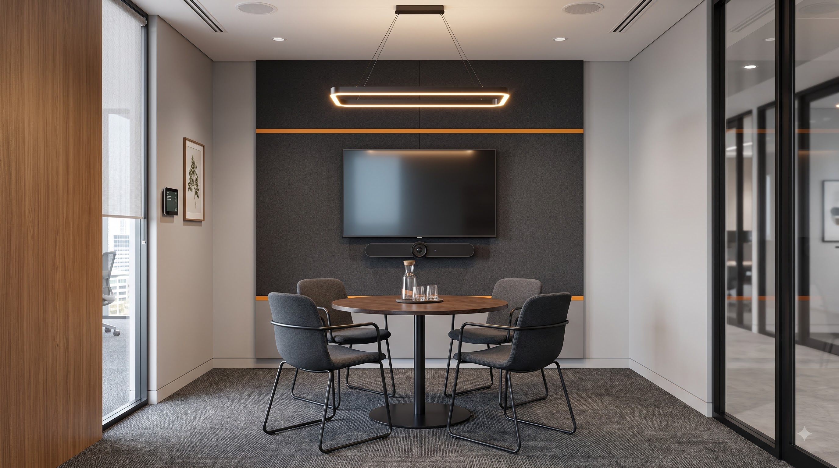 Small huddle room equipped with an all-in-one video bar for quick collaboration