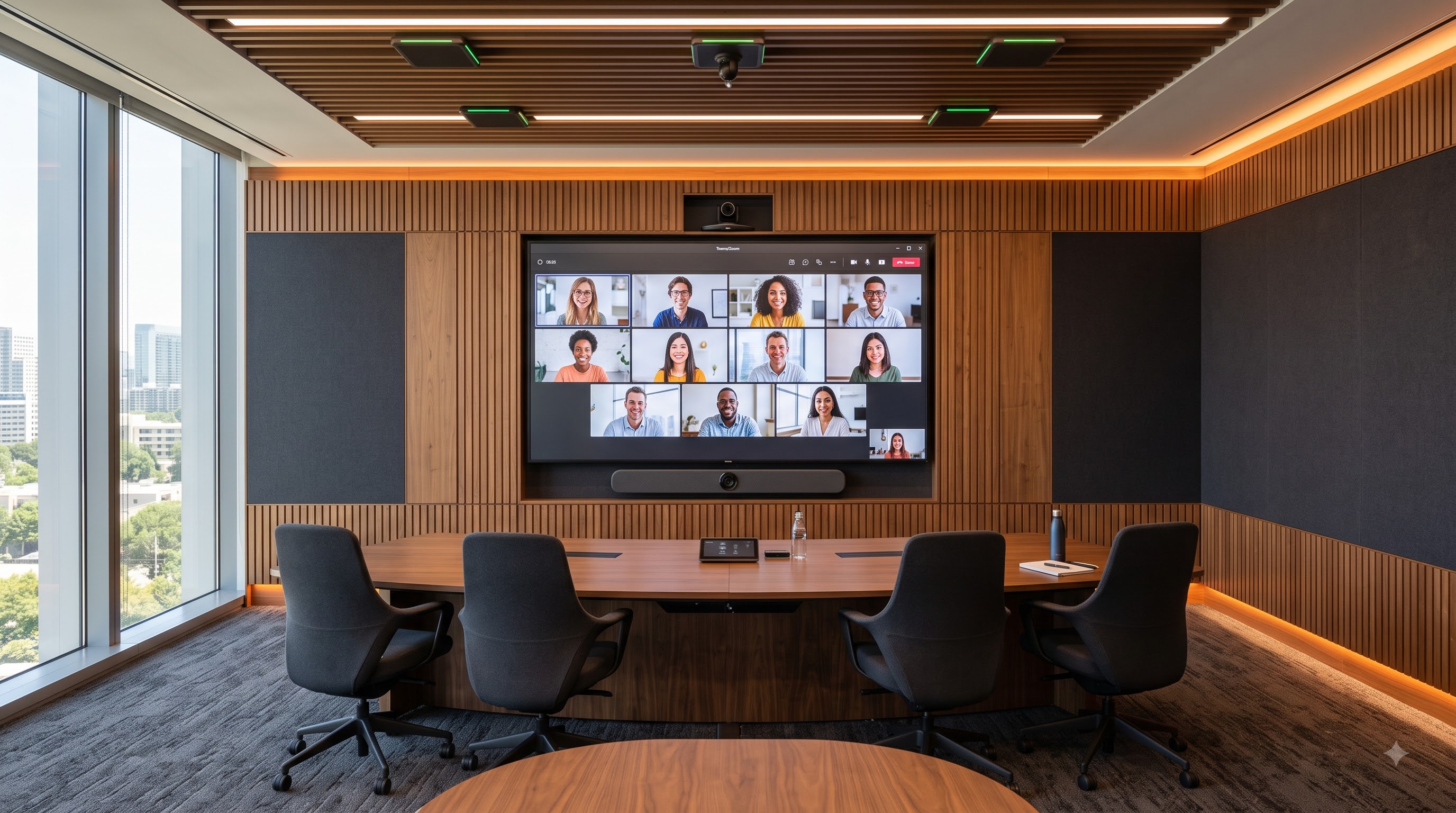 Hybrid collaboration room with large display, beamforming microphones and framing cameras